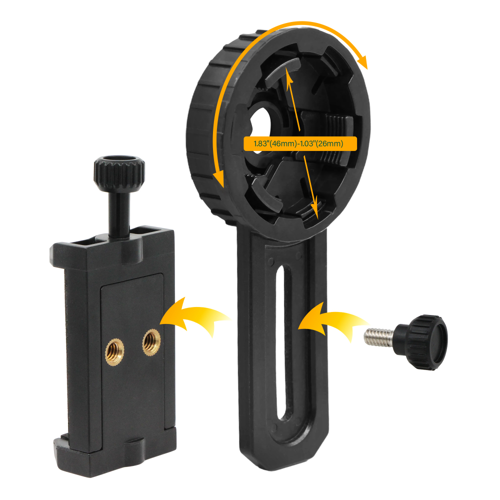 Astromania Adjustable Telescope Phone Scope Mount -Fit Almost All Brands of Smartphones (Max 98mm) - Compatible with Binoculars &Monocular & Spotting