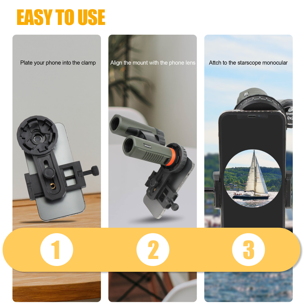 Astromania Adjustable Telescope Phone Scope Mount -Fit Almost All Brands of Smartphones (Max 98mm) - Compatible with Binoculars &Monocular & Spotting