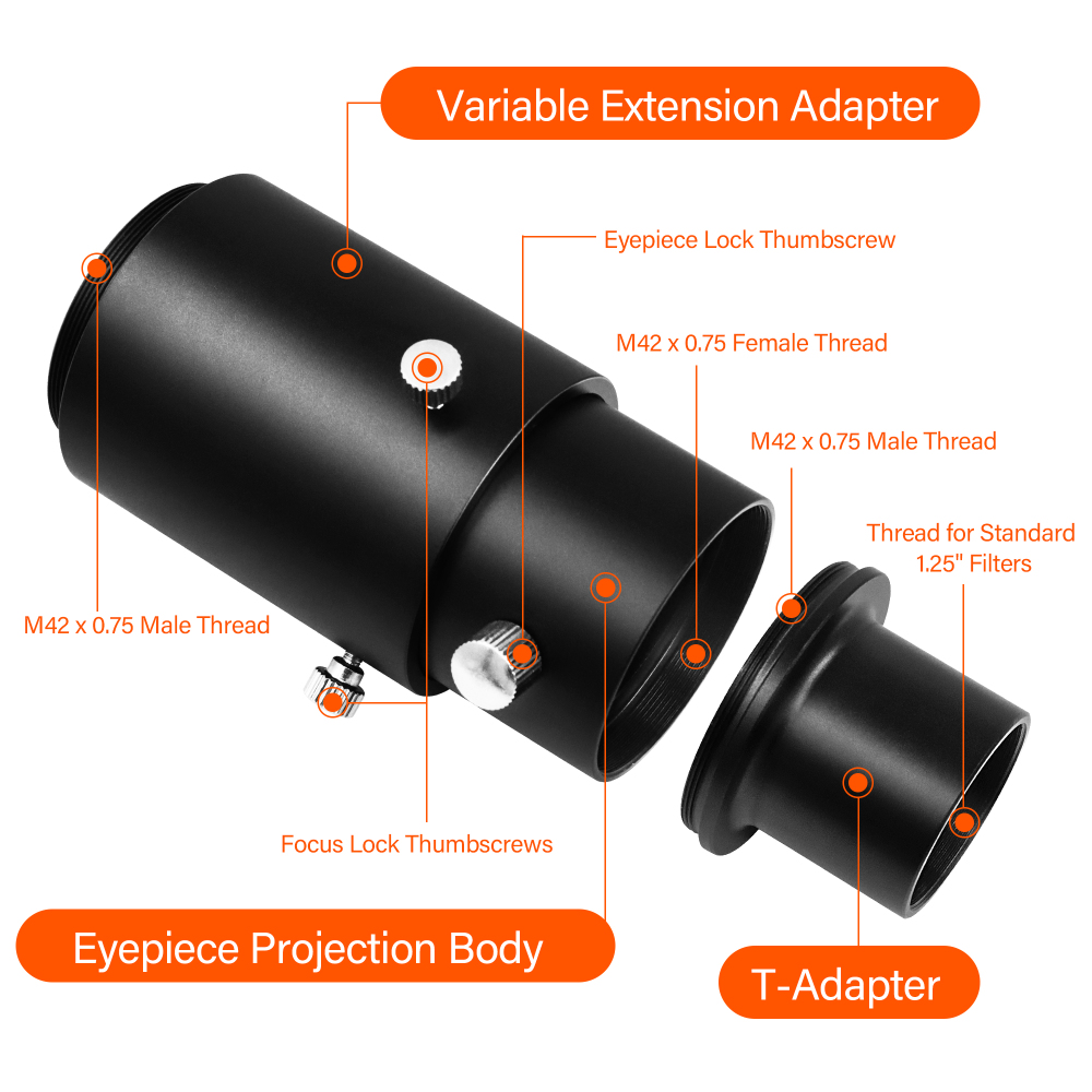 Astromania 1.25" Extendable Camera Adapter - for Either Prime-focus Or Eyepiece-projection Astrophotography with Refractors or Reflector Telescopes