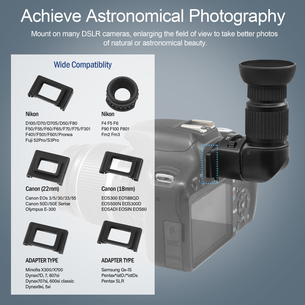 Astromania 1X/2.5X Magnification Right Angle Viewfinder with 6 Mounting Adapters for DSLR Camera Such as Canon, Nikon, Pentax, Minolta, Dynax,S amsung