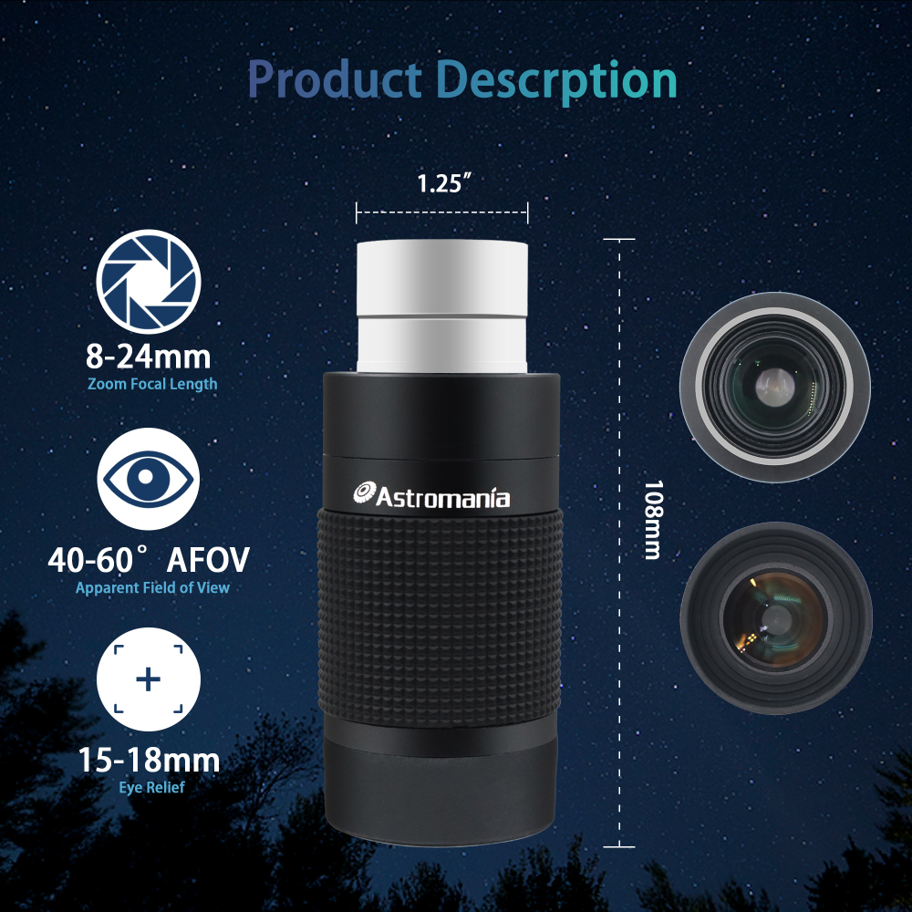 Astromania 1.25" 8-24mm Zoom Eyepiece for Telescope with T-Thread