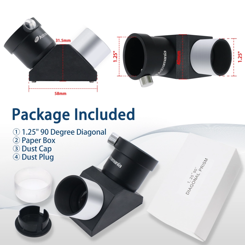 Astromania 1.25" 90-degree Erecting Prism optical Prism inside rather than a mirror which makes your image clear and sharp