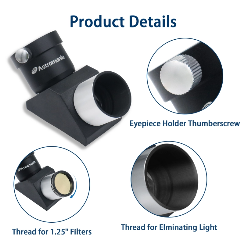 Astromania 1.25" 90-degree Erecting Prism optical Prism inside rather than a mirror which makes your image clear and sharp