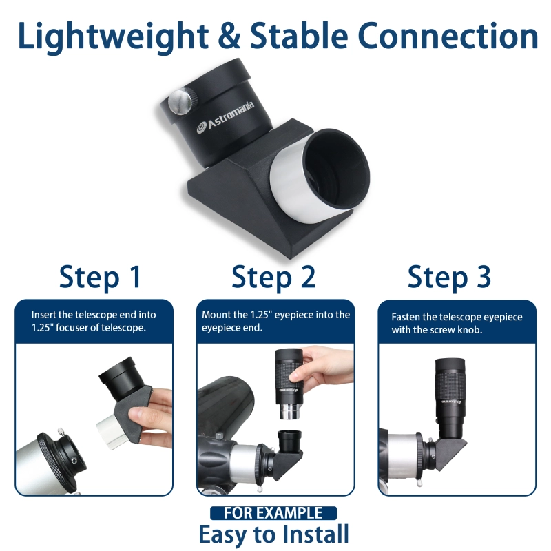 Astromania 1.25" 90-degree Erecting Prism optical Prism inside rather than a mirror which makes your image clear and sharp