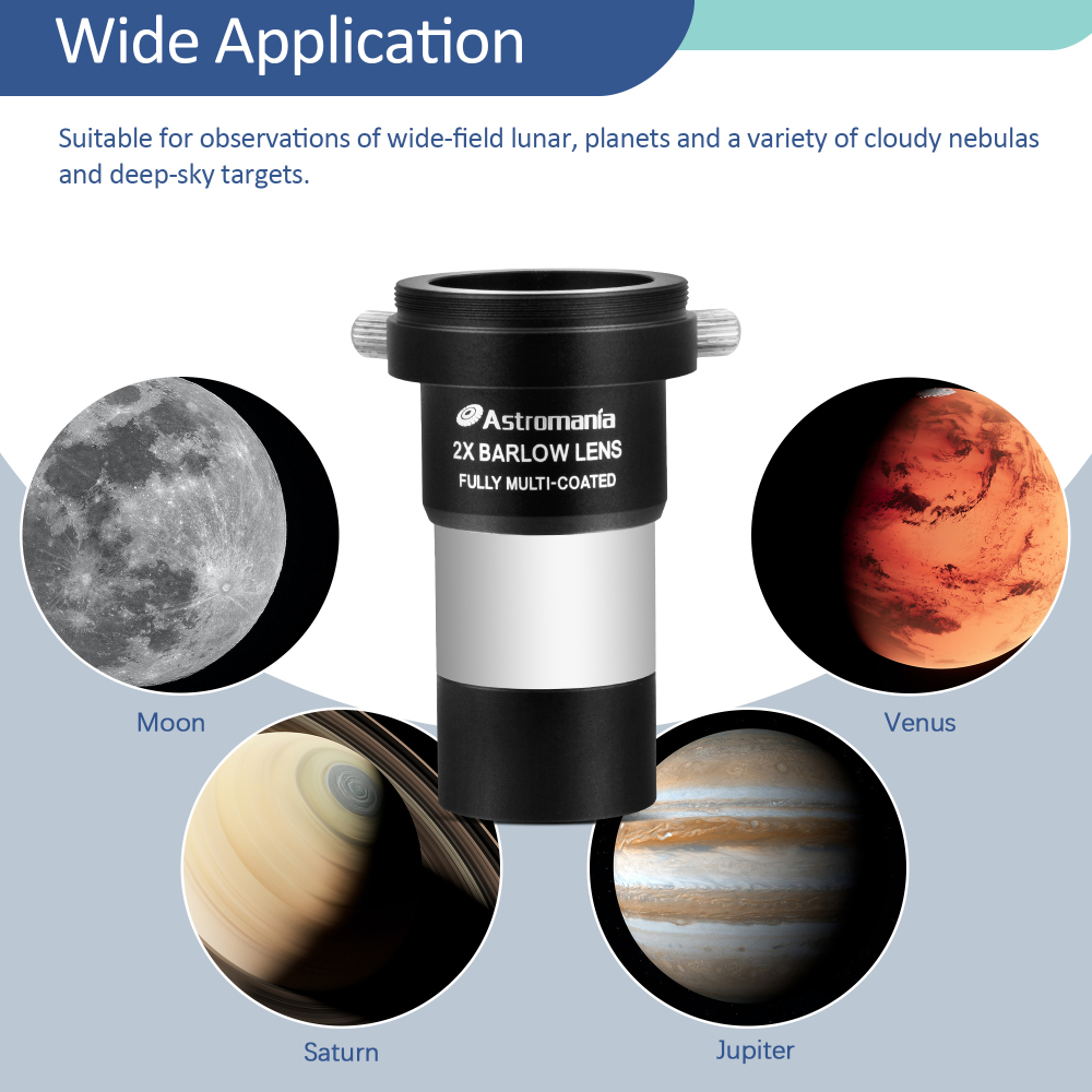 Astromania 1.25" Latest 2X Barlow Lens MultiCoated Metal with M42x0.75 Thread Camera Interface for Telescopes