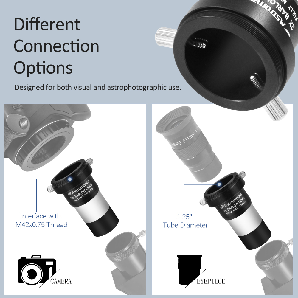 Astromania 1.25" Latest 2X Barlow Lens MultiCoated Metal with M42x0.75 Thread Camera Interface for Telescopes