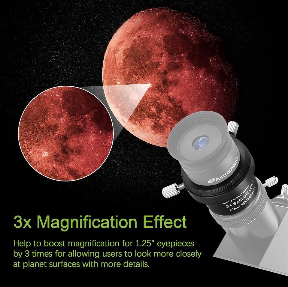 Astromania 1.25" 3x Short Focus Barlow Lens for Telescope Eyepiece - Superior sharpness and color correction