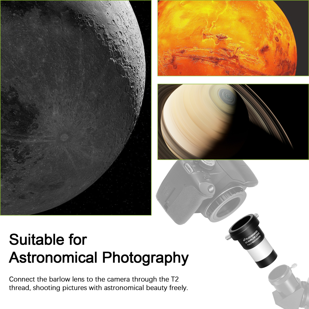 Astromania 1.25" 3x Short Focus Barlow Lens for Telescope Eyepiece - Superior sharpness and color correction