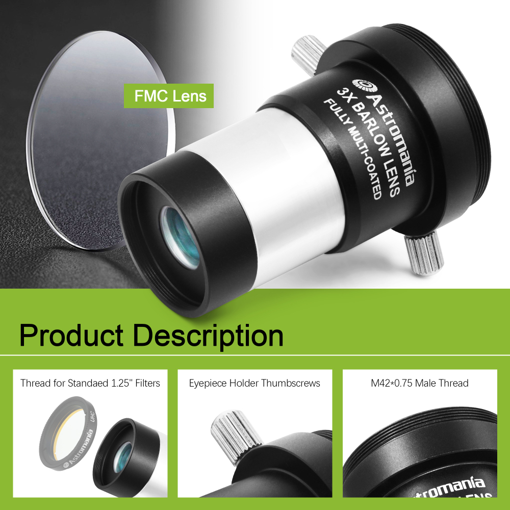 Astromania 3X Barlow Lens 1.25 inch Fully Multi Coated Metal Short Focus Barlow Lens Internal Brass Ring & Two Fixing Thumbscrews, M42 Thread Camera Connect Interface for Telescope Eyepiece