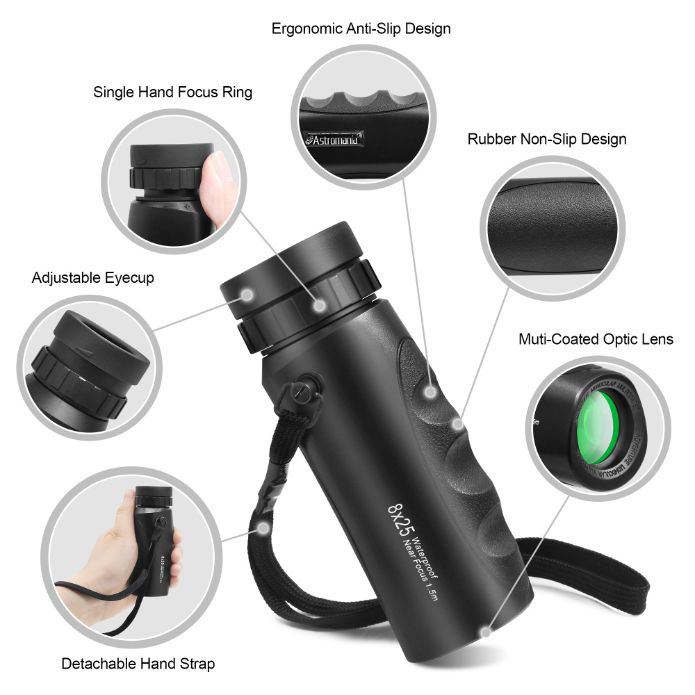 Astromania Waterproof Compact 8x25 Monocular for Adults and Kids, Bird Watching, Hunting and Sport Games, Theater and Concerts
