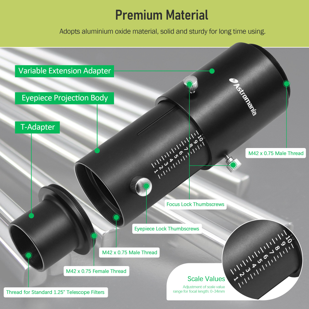 Astromania Variable Projection Adapter 1.25" Extension Tube Kit for Prime Focus and Eyepiece Projection Astrophotography with Refractors or Reflector Telescopes