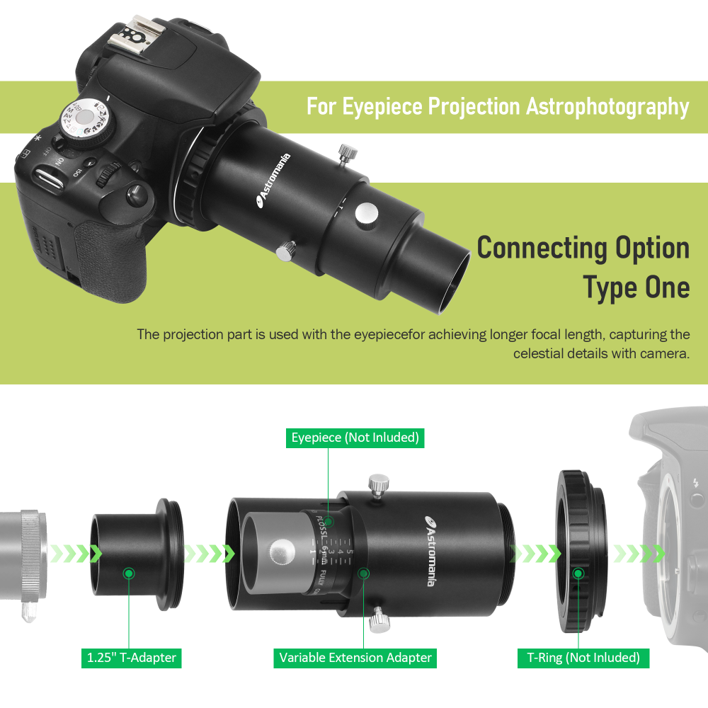 Astromania Variable Projection Adapter 1.25" Extension Tube Kit for Prime Focus and Eyepiece Projection Astrophotography with Refractors or Reflector Telescopes