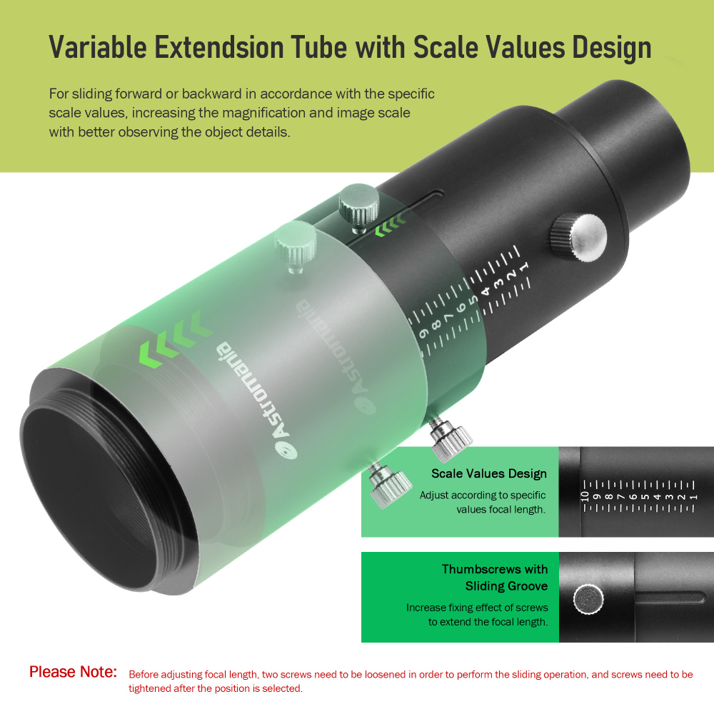 Astromania Variable Projection Adapter 1.25" Extension Tube Kit for Prime Focus and Eyepiece Projection Astrophotography with Refractors or Reflector Telescopes