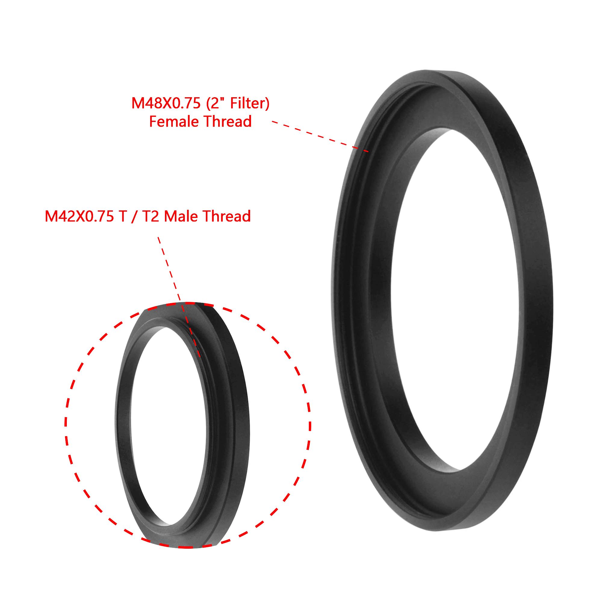 Astromania M48X0.75 (2" Filter) Female to M42X0.75 T / T2 Male Thread Telescope Adapter with Low Profile