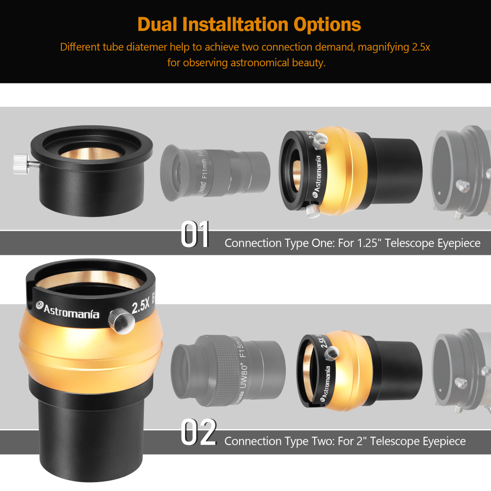 Astromania 2" Upgraded 4-Elements 2.5X Barlow Lens Fully Multi-Coated Optics - Allows The Use of Both 2" and 1.25" Eyepieces