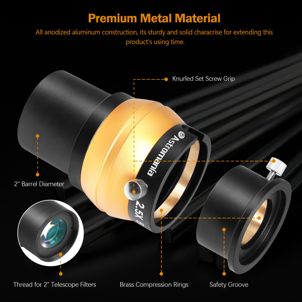 Astromania 2" Upgraded 4-Elements 2.5X Barlow Lens Fully Multi-Coated Optics - Allows The Use of Both 2" and 1.25" Eyepieces