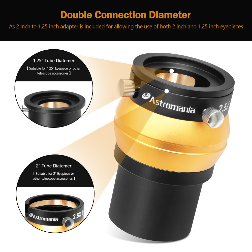 Astromania 2" Upgraded 4-Elements 2.5X Barlow Lens Fully Multi-Coated Optics - Allows The Use of Both 2" and 1.25" Eyepieces