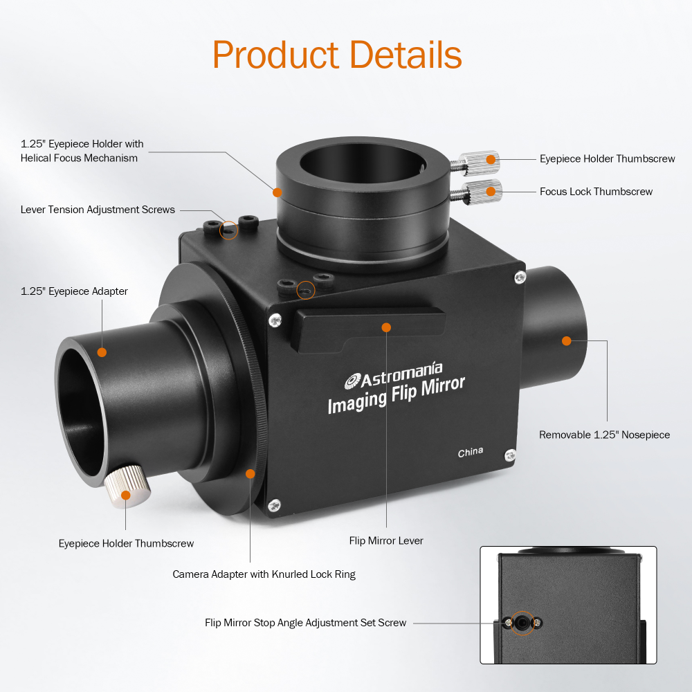 Astromania 1.25" Astrophotography Flip Mirror with Eyepiece Adapter