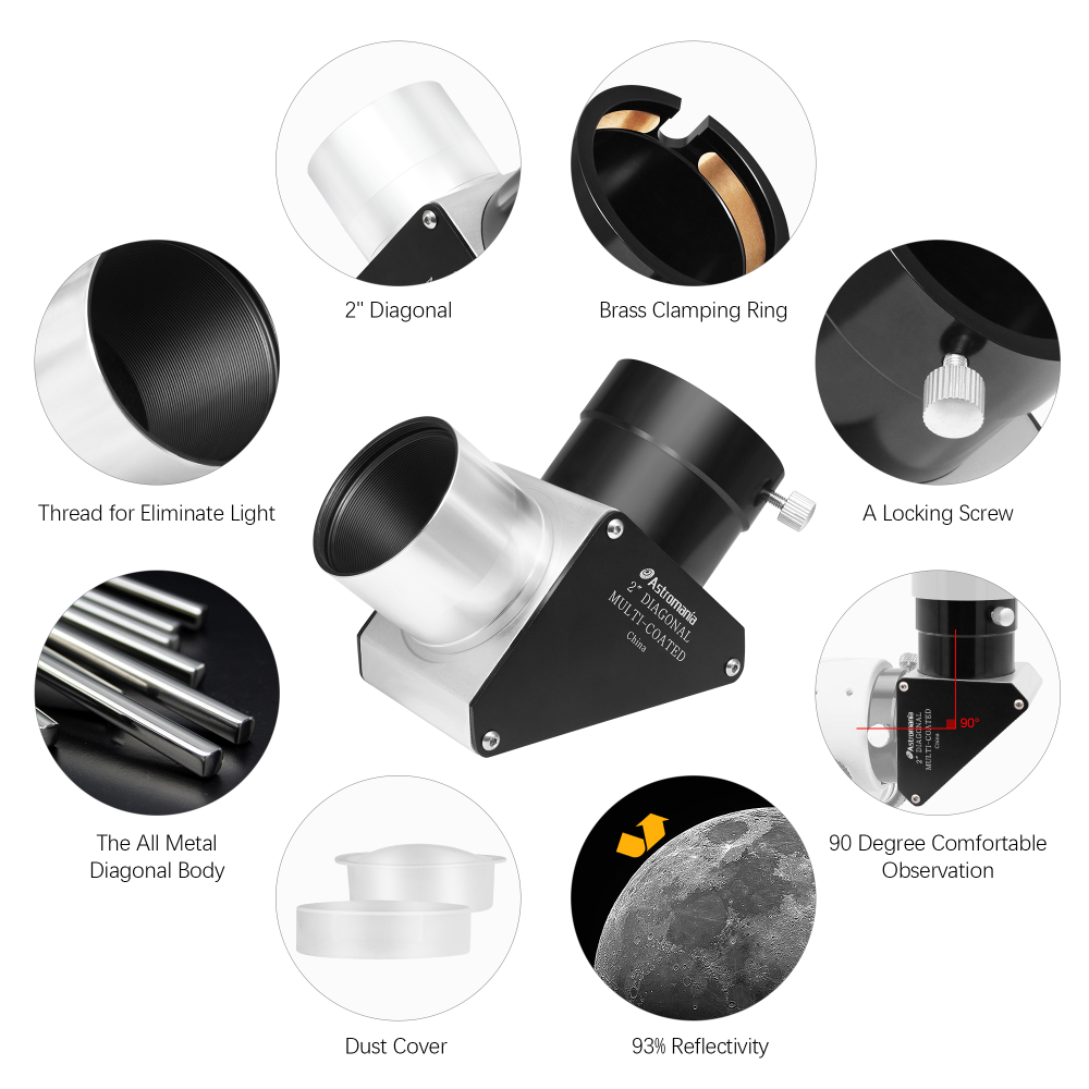 Astromania 2" 90-Degree Mirror Diagonal with 93% reflectivity across visible spectrum