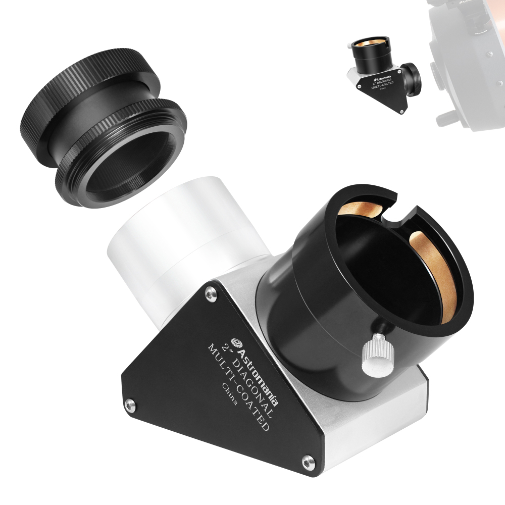 Astromania 2" SCT 90-Degree Mirror Diagonal with 93% reflectivity across visible spectrum-fits rear cells of Schmidt-Cassegra and includes an adapter
