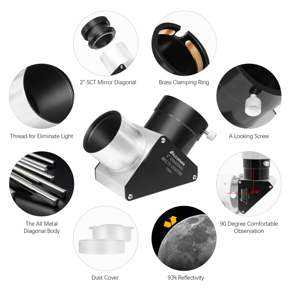 Astromania 2" SCT 90-Degree Mirror Diagonal with 93% reflectivity across visible spectrum-fits rear cells of Schmidt-Cassegra and includes an adapter