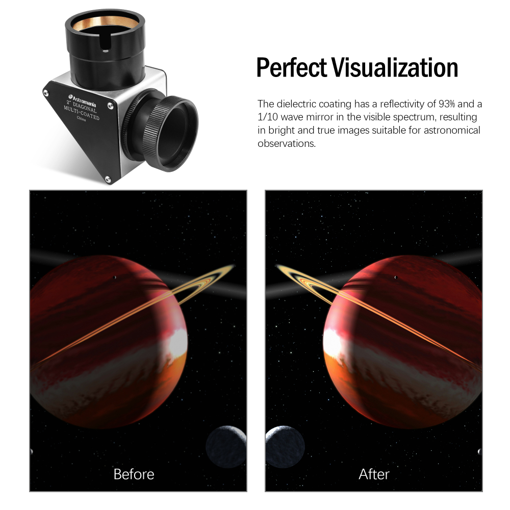Astromania 2" SCT 90-Degree Mirror Diagonal with 93% reflectivity across visible spectrum-fits rear cells of Schmidt-Cassegra and includes an adapter