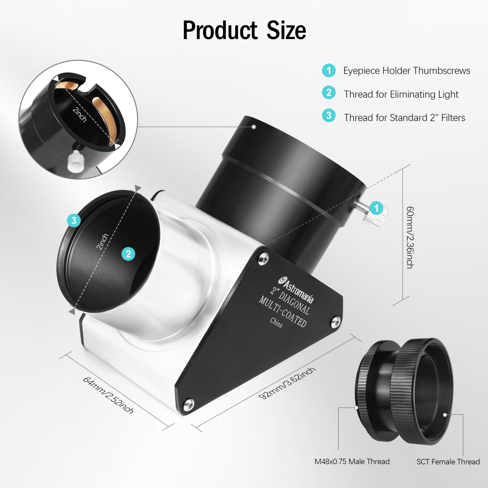 Astromania 2" SCT 90-Degree Mirror Diagonal with 93% reflectivity across visible spectrum-fits rear cells of Schmidt-Cassegra and includes an adapter