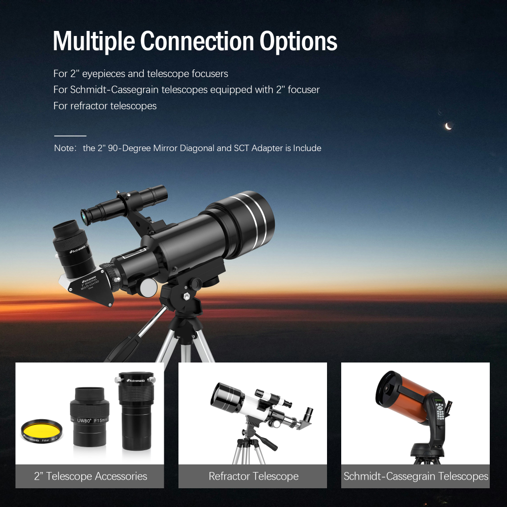 Astromania 2" SCT 90-Degree Mirror Diagonal with 93% reflectivity across visible spectrum-fits rear cells of Schmidt-Cassegra and includes an adapter