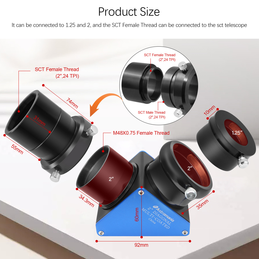 Astromania 2" 90-degree 99% Enhanced Dielectric Diagonal Mirror - provide a much brighter image than with an ordinary star diagonal