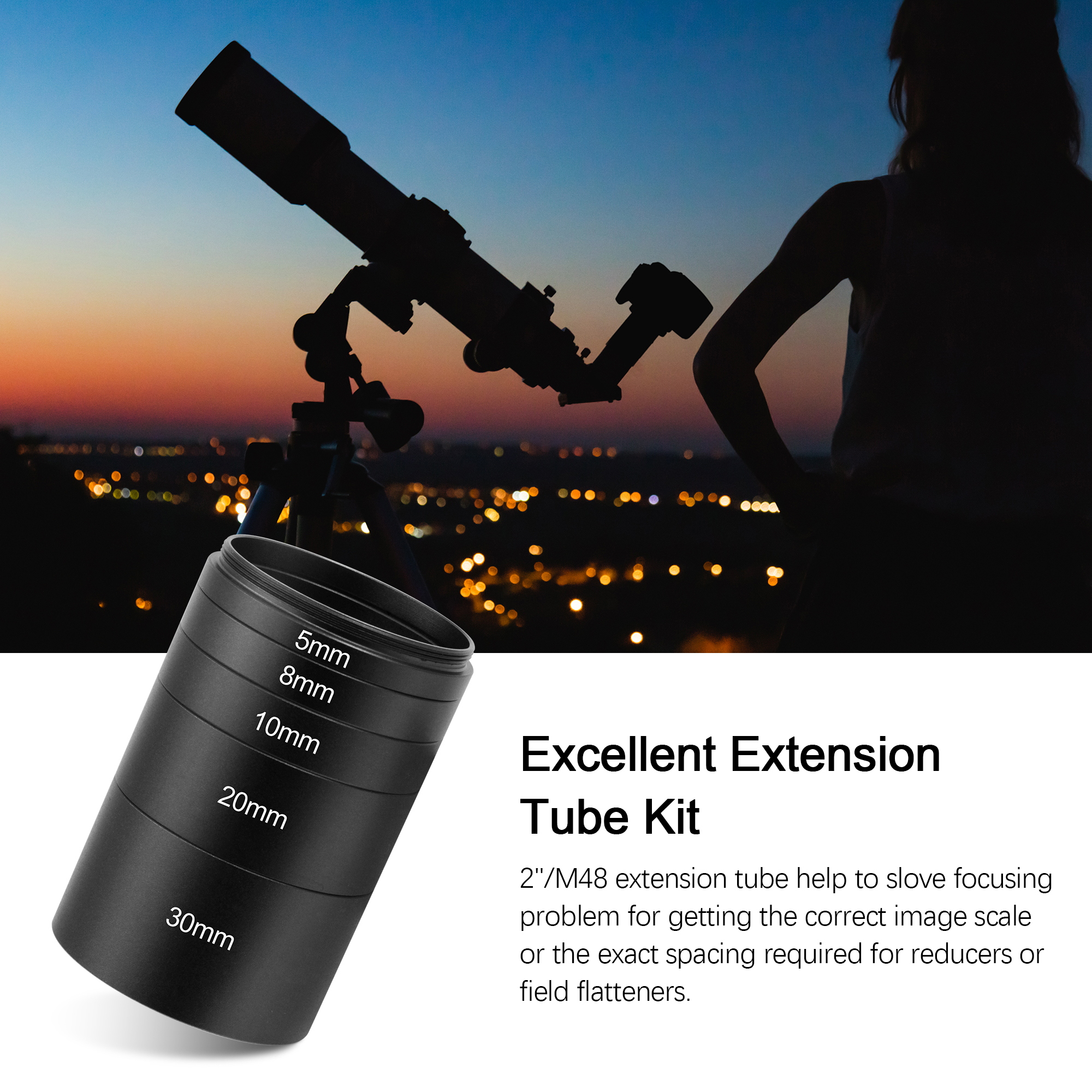 Astromania Astronomical 2"/M48-extension Tube Kit for cameras and eyepieces - Length 5mm 8mm 10mm 20mm 30mm - M48x0.75 on Both Sides