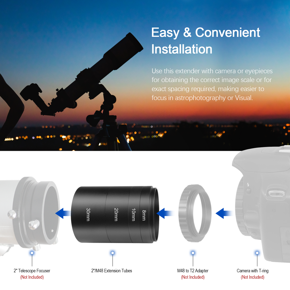 Astromania Astronomical 2"/M48-extension Tube Kit for cameras and eyepieces - Length 8mm 10mm 20mm 30mm - M48x0.75 on Both Sides