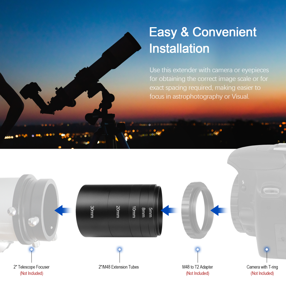 Astromania Astronomical 2"/M48-extension Tube Kit for cameras and eyepieces - Length 5mm 8mm 10mm 20mm 30mm - M48x0.75 on Both Sides