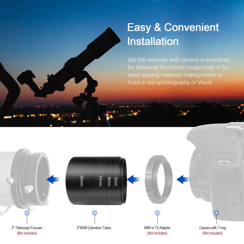 Astromania Astronomical 2"/M48-extension Tube Kit for cameras and eyepieces - Length 5mm 8mm 10mm 30mm - M48x0.75 on Both Sides