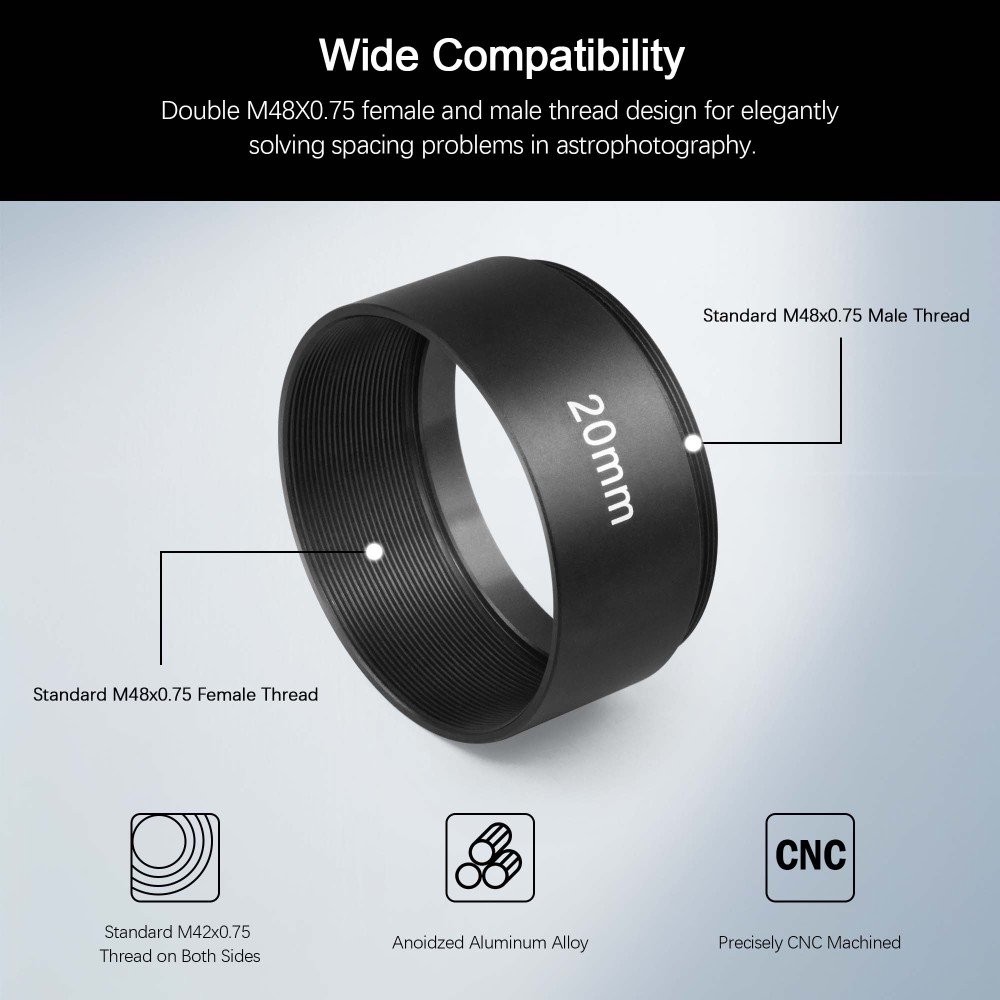 Astromania Astronomical 2"/M48-extension Tube Kit for cameras and eyepieces - Length 5mm 10mm 20mm 30mm - M48x0.75 on Both Sides