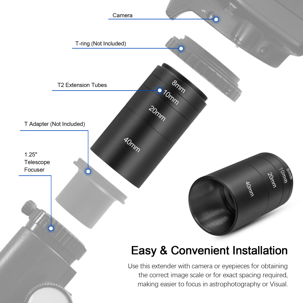 Astromania Astronomical T2-extension Tube Kit for cameras and eyepieces - Length 8mm 10mm 20mm 40mm - M42x0.75 on Both Sides
