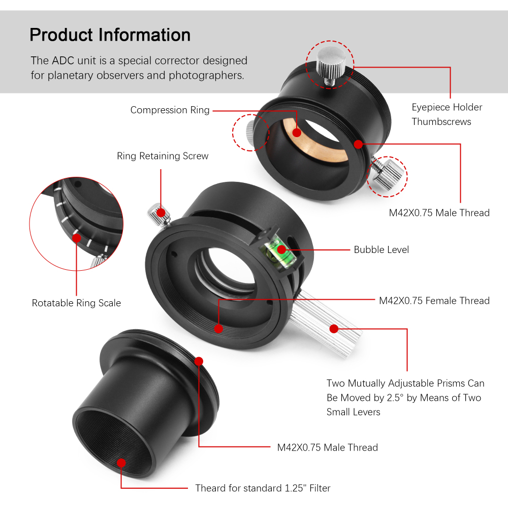 Astromania 1.25" ADC Atmospheric Dispersion Corrector - Provides a sharp planetary image showing a lot of detail, even when it is just above the horiz