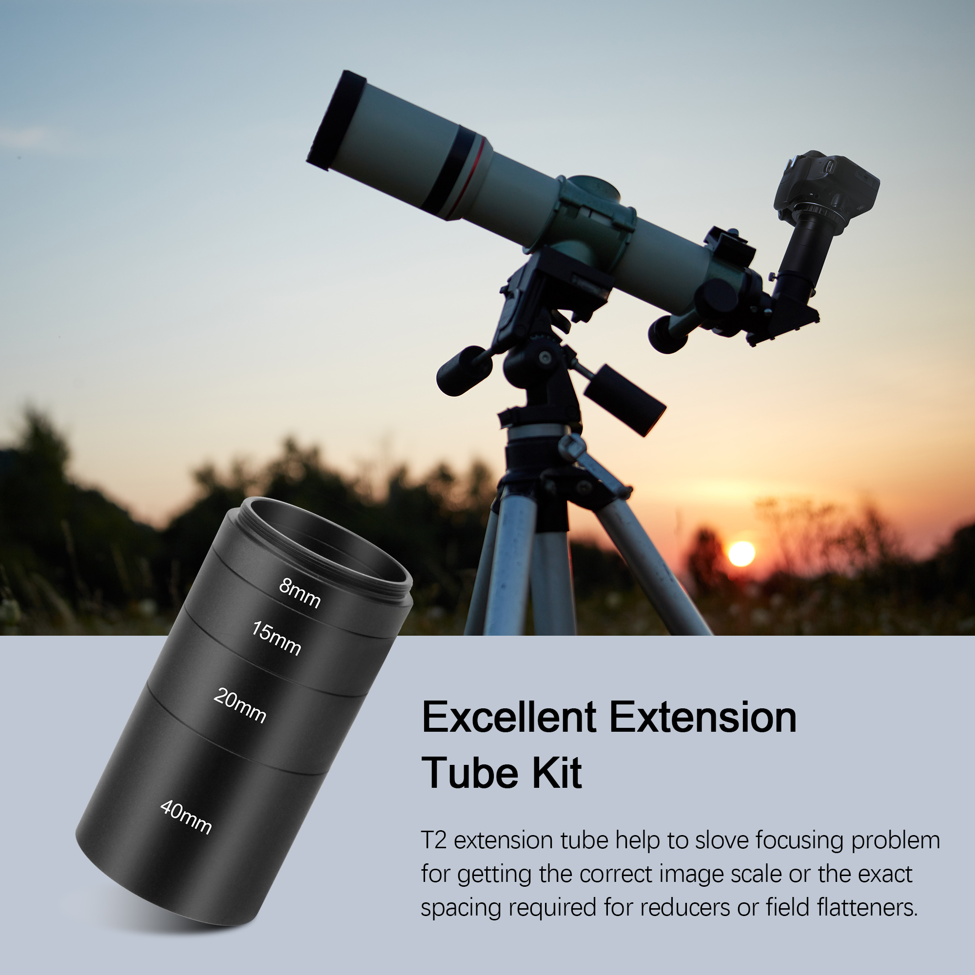 Astromania Astronomical T2-extension Tube Kit for cameras and eyepieces - Length 8mm 15mm 20mm 40mm - M42x0.75 on Both Sides