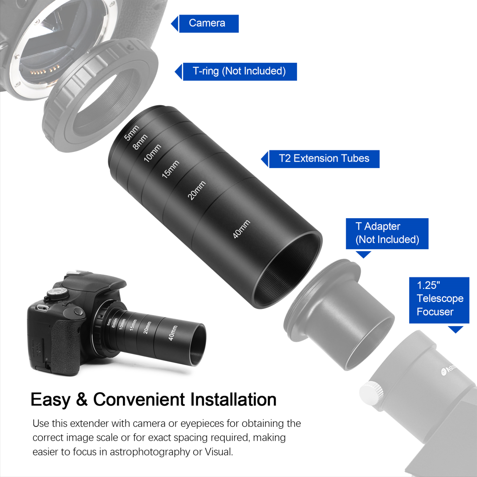 Astromania Astronomical T2-extension Tube Kit for cameras and eyepieces - Length 5mm 8mm 10mm 15mm 20mm 40mm - M42x0.75 on Both Sides