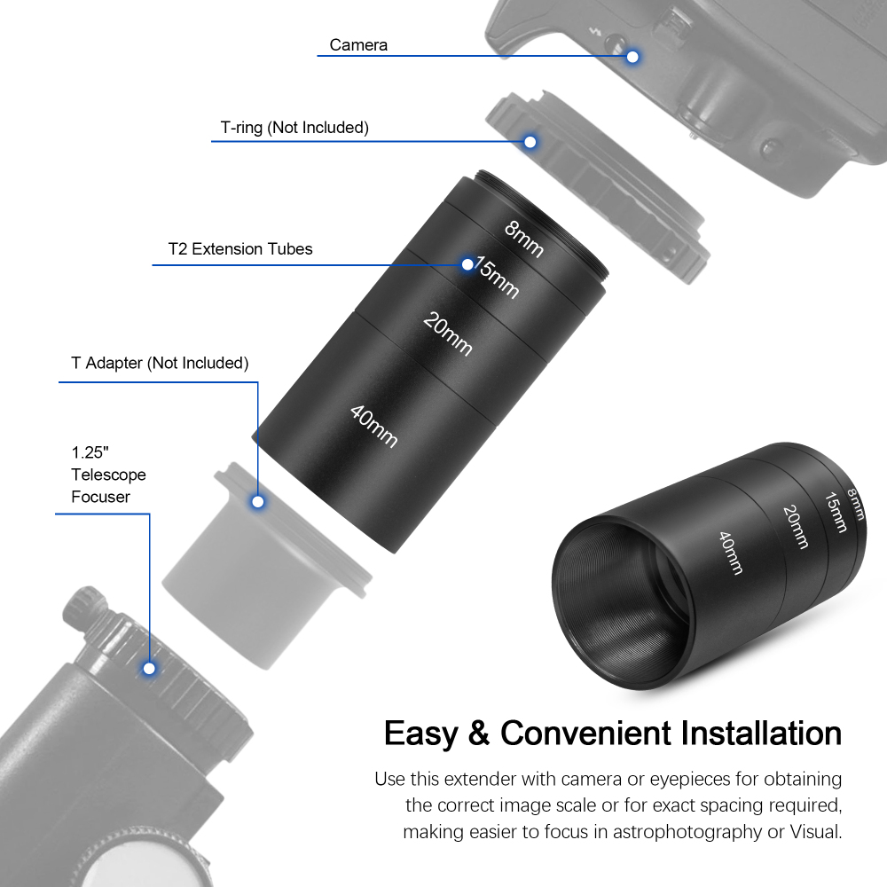 Astromania Astronomical T2-extension Tube Kit for cameras and eyepieces - Length 8mm 15mm 20mm 40mm - M42x0.75 on Both Sides