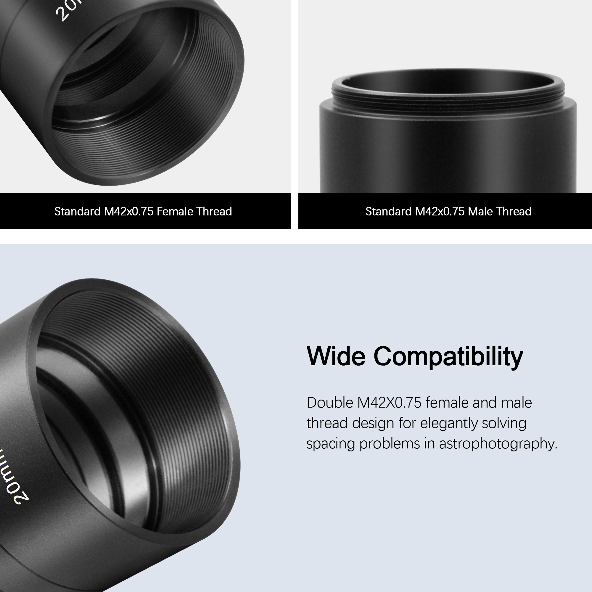 Astromania Astronomical T2-extension Tube Kit for cameras and eyepieces - Length 8mm 15mm 20mm 40mm - M42x0.75 on Both Sides