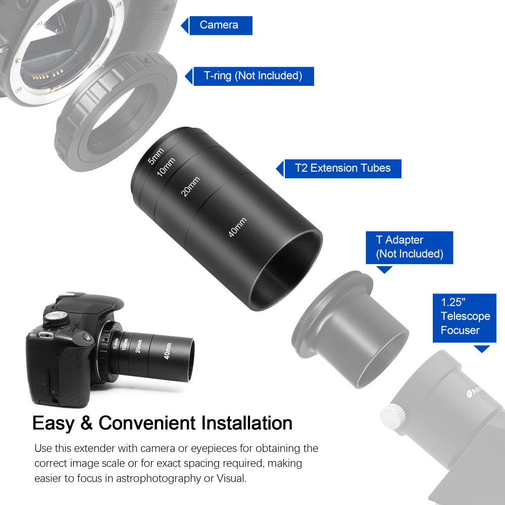 Astromania Astronomical T2-extension Tube Kit for cameras and eyepieces - Length 5mm 10mm 20mm 40mm - M42x0.75 on Both Sides