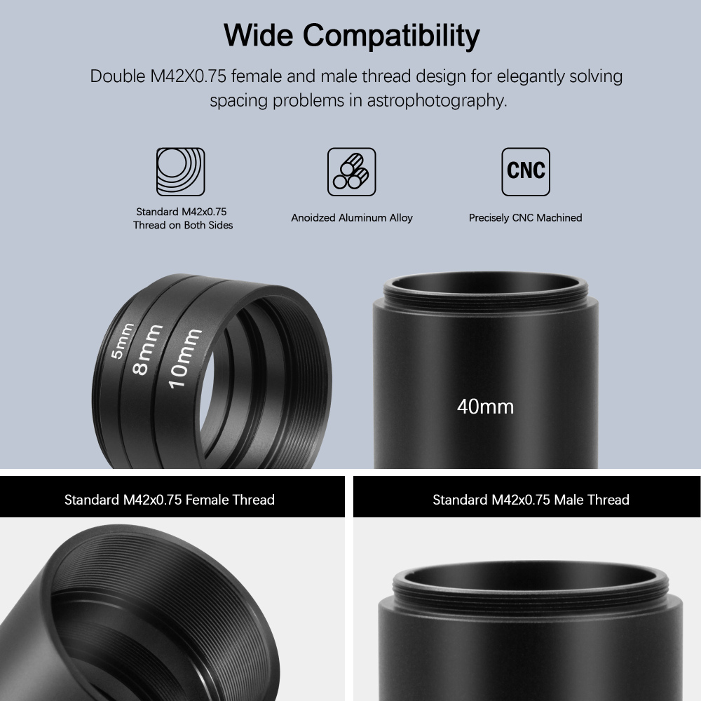 Astromania Astronomical T2-extension Tube Kit for cameras and eyepieces - Length 5mm 8mm 10mm 40mm - M42x0.75 on Both Sides