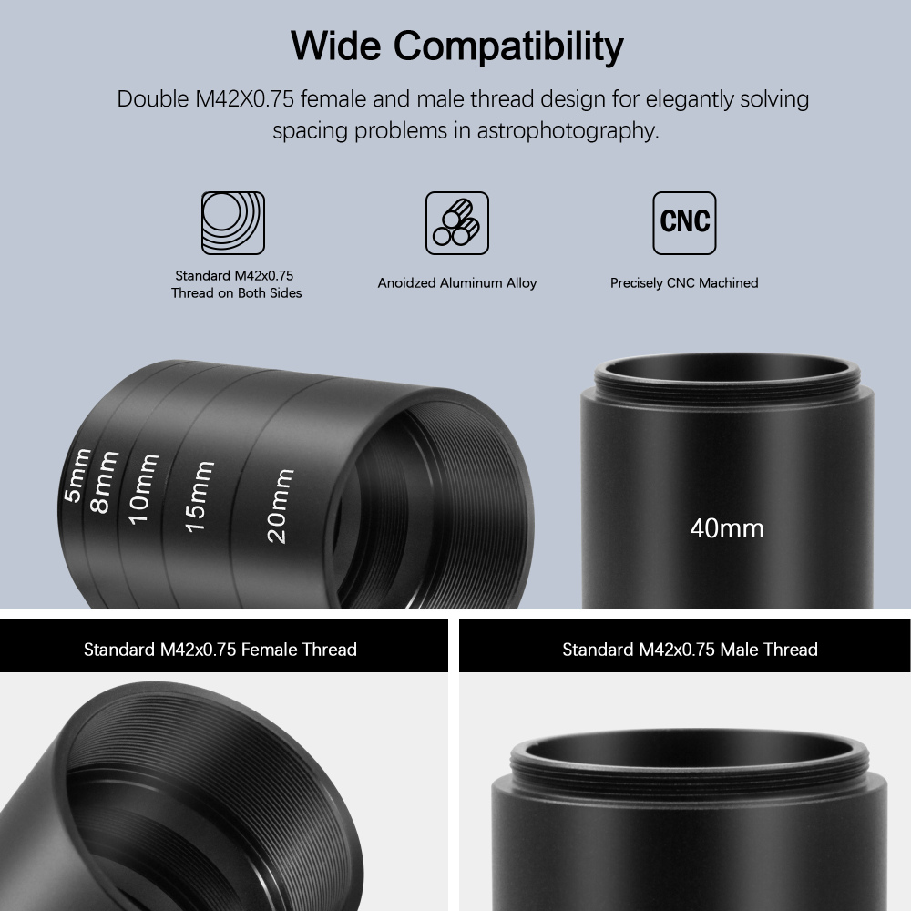 Astromania Astronomical T2-extension Tube Kit for cameras and eyepieces - Length 5mm 8mm 10mm 15mm 20mm 40mm - M42x0.75 on Both Sides