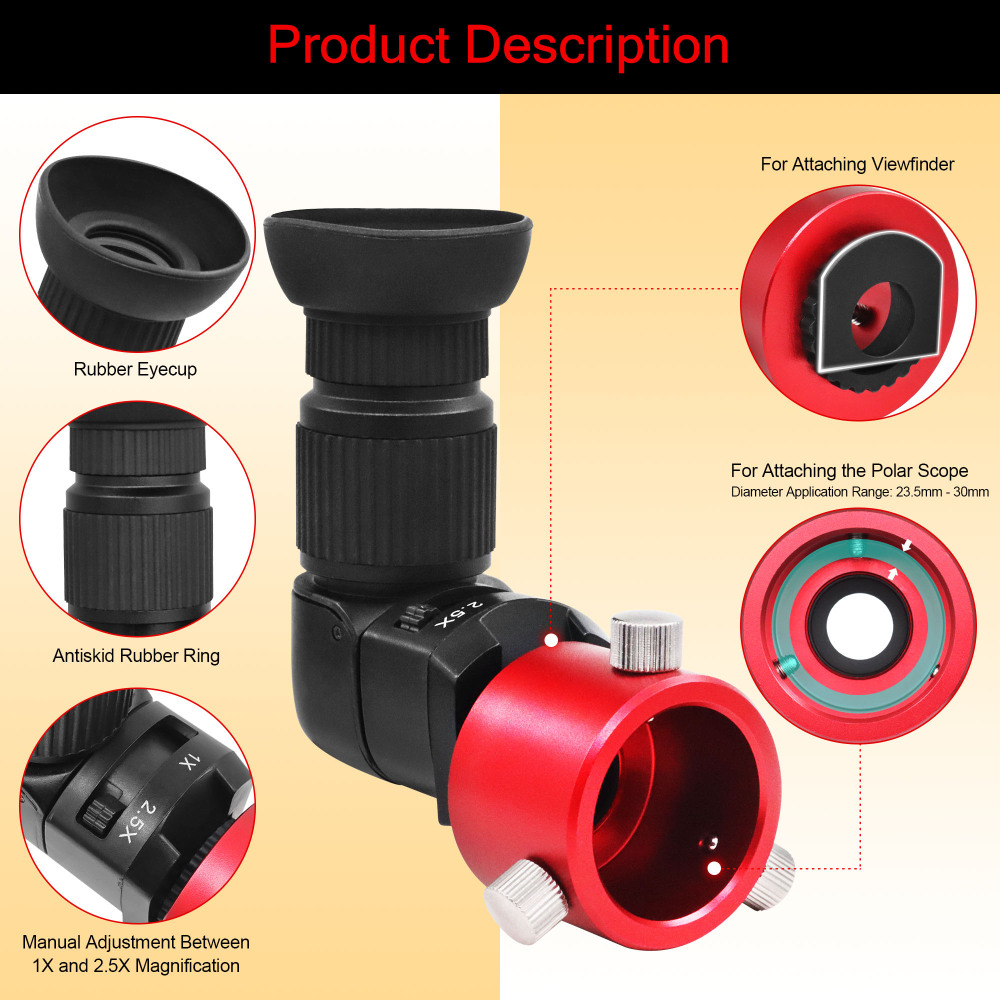 Astromania Right Angle Viewfinder with Camera 1X/2.5X Magnification Included 6 Mounting Adapters with Polar Scope Metal Adapter, Excellent Combination for Observing More Natural Beauty
