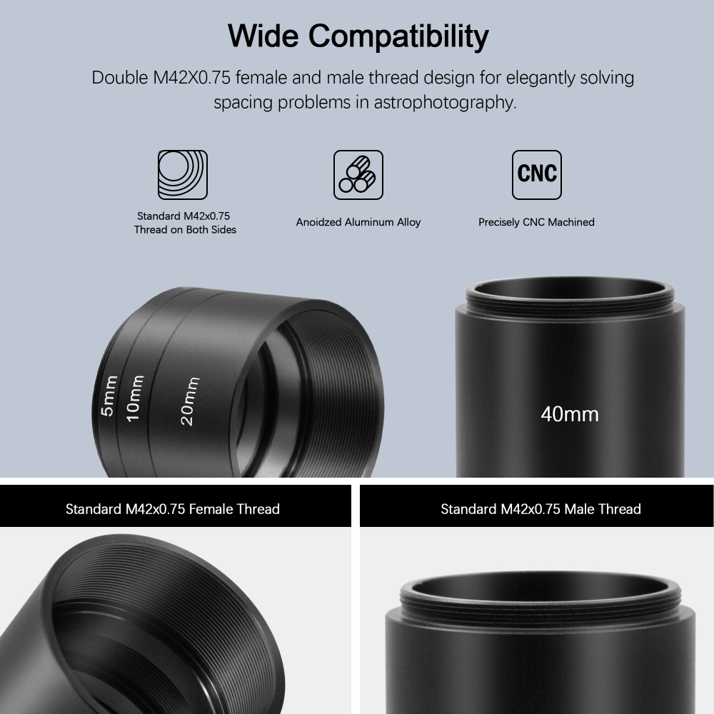 Astromania Astronomical T2-extension Tube Kit for cameras and eyepieces - Length 5mm 10mm 20mm 40mm - M42x0.75 on Both Sides