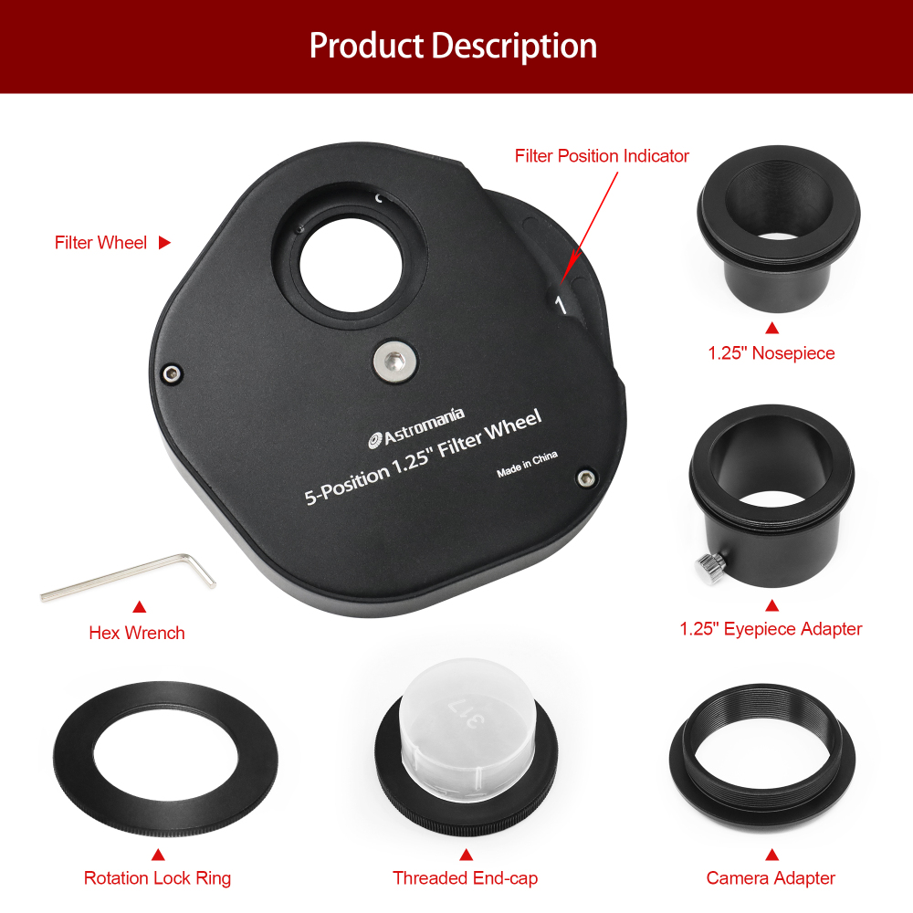 Astromania 1.25" Superior Quality Multiple 5-Position Filter Wheel For Telescope