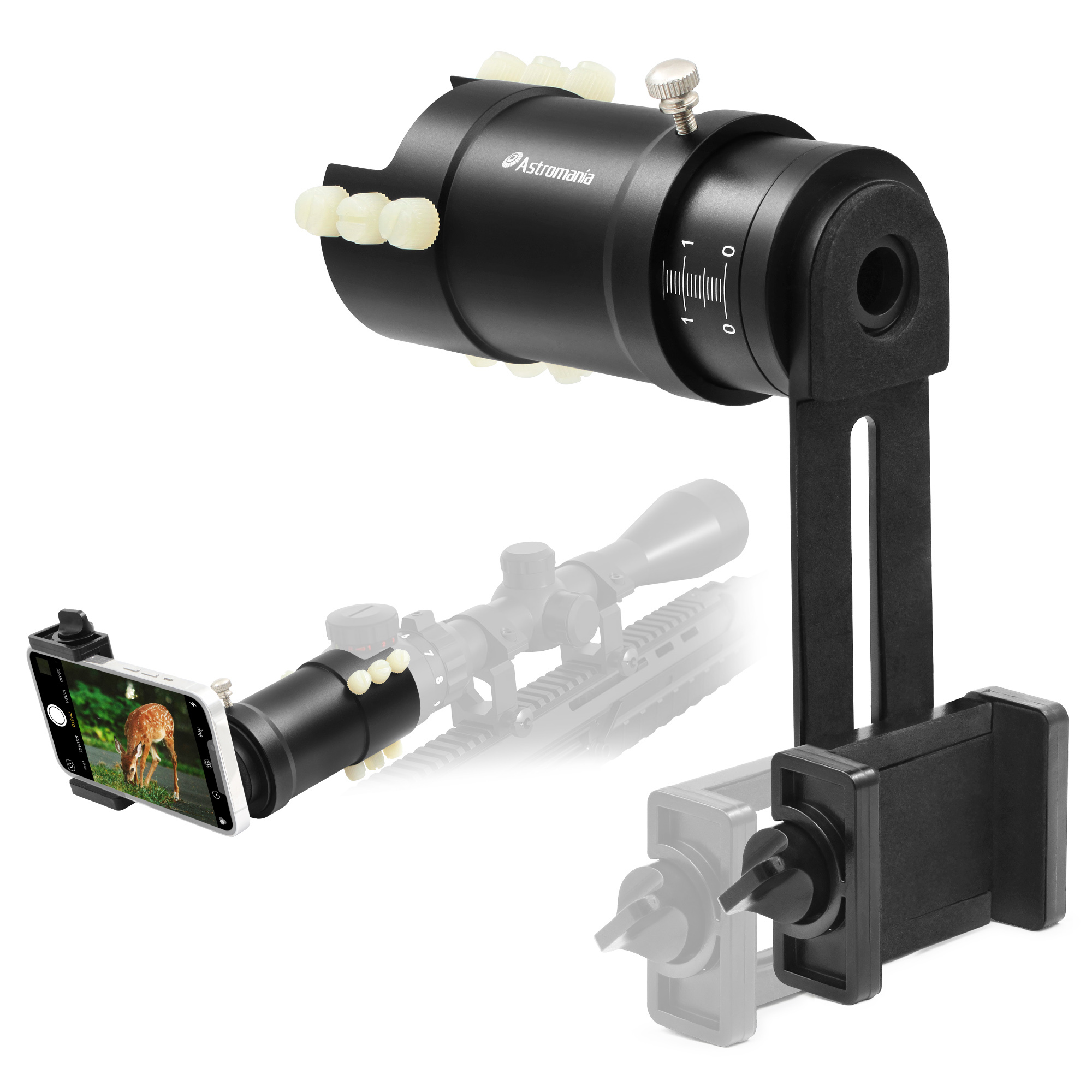 Astromania Rifle Scope Mount Camera Adapter - Phone Scope Adapter for Hunting Teaching & Bird Watching- Premium Aluminum, Featuring a 360-degree Angle Adjustment Smartphone Holder with Extension Tube