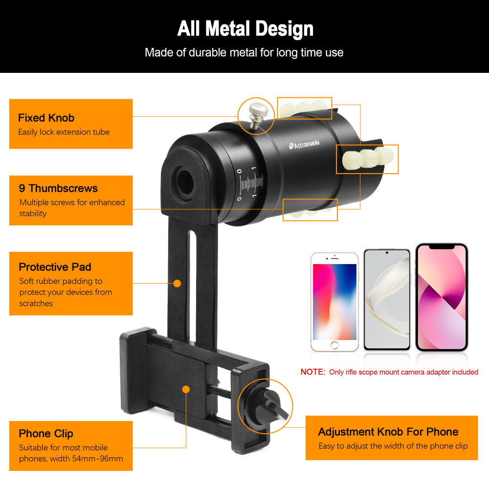 Astromania Rifle Scope Mount Camera Adapter - Phone Scope Adapter for Hunting Teaching & Bird Watching- Premium Aluminum, Featuring a 360-degree Angle Adjustment Smartphone Holder with Extension Tube