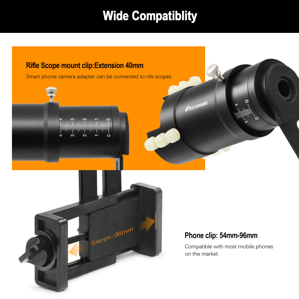 Astromania Rifle Scope Mount Camera Adapter - Phone Scope Adapter for Hunting Teaching & Bird Watching- Premium Aluminum, Featuring a 360-degree Angle Adjustment Smartphone Holder with Extension Tube