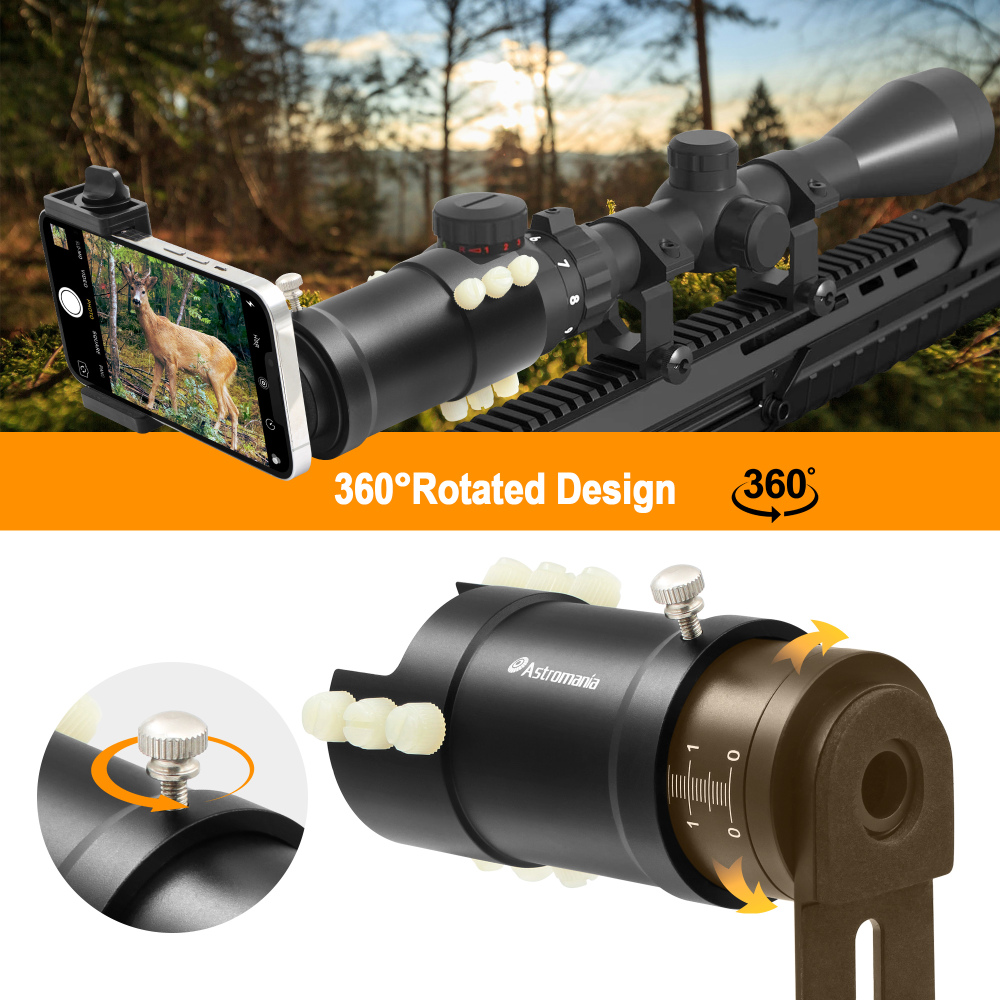 Astromania Rifle Scope Mount Camera Adapter - Phone Scope Adapter for Hunting Teaching & Bird Watching- Premium Aluminum, Featuring a 360-degree Angle Adjustment Smartphone Holder with Extension Tube